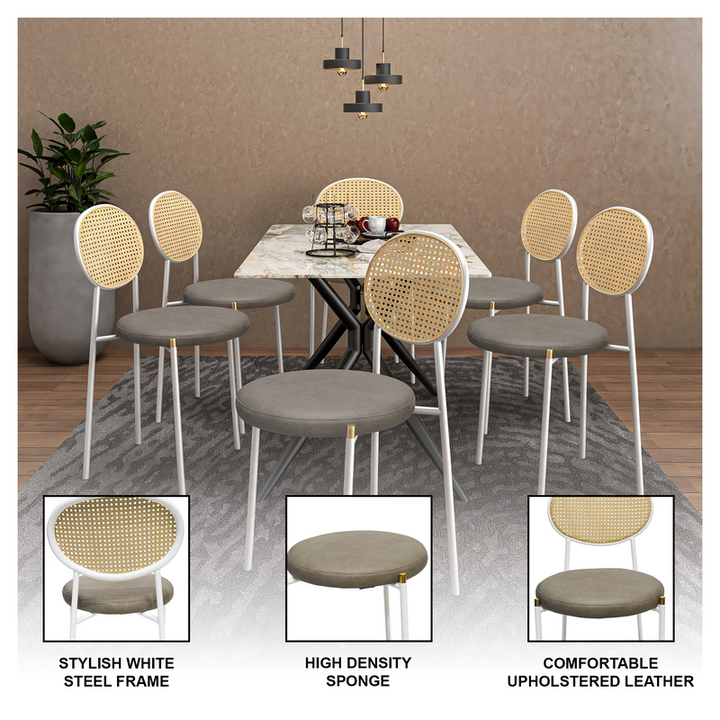 Dining table set with chairs featuring stylish white steel frame, high-density sponge, and comfortable upholstered leather.