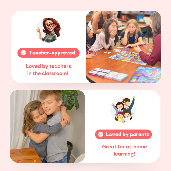 Collage of children playing, hugging, and a teacher with text about teacher and parent approval on a pink background.