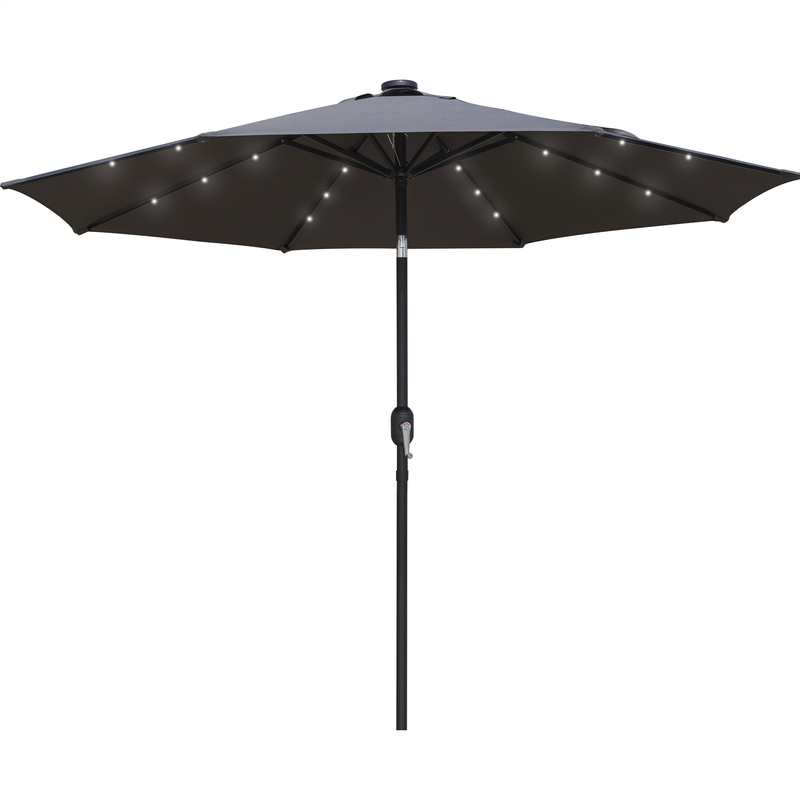 LeisureMod Sierra 9' Outdoor Patio Tilt Market Umbrella with Solar LED Lights Gray