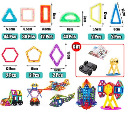 Colorful magnetic building block set with measurements and examples of structures.