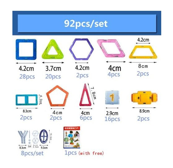 Set of geometric shapes with measurements and a total count of 92 pieces.