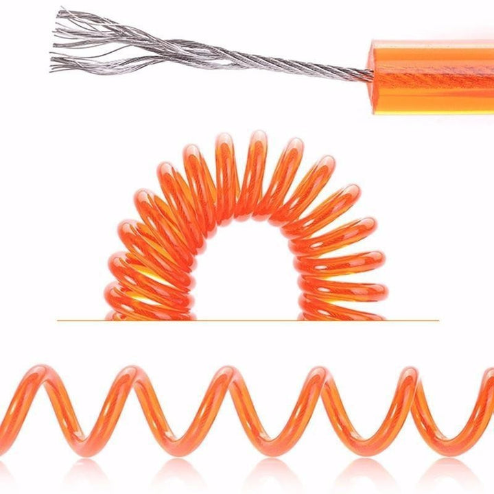 Orange springy cord with metal core on a white background.