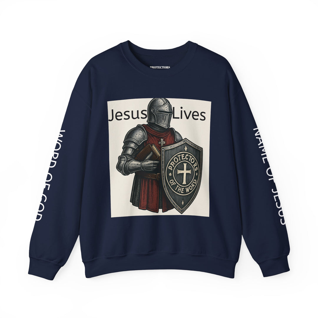 Knight Shield Crewneck Sweatshirt — "Protectors of the Word Jesus Lives"