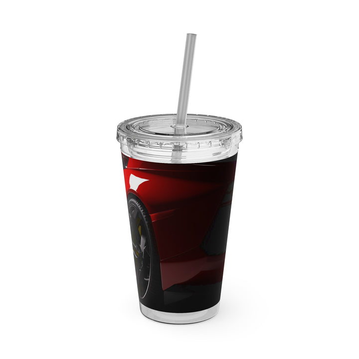 Red Sports Car Sunsplash Tumbler with Straw, 16oz