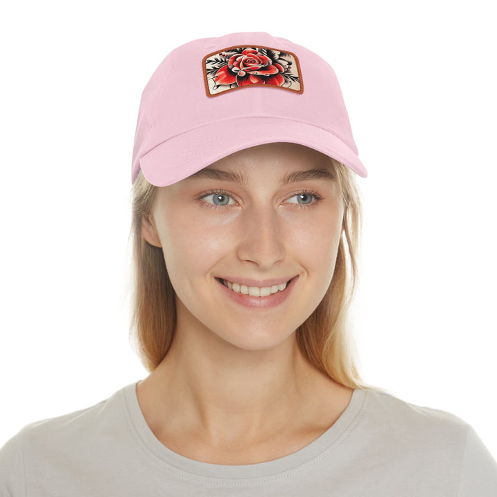 Rose Tattoo Style Dad Hat with Leather Patch (Rectangle)