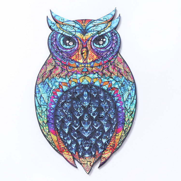 Colorful owl design on a white background.