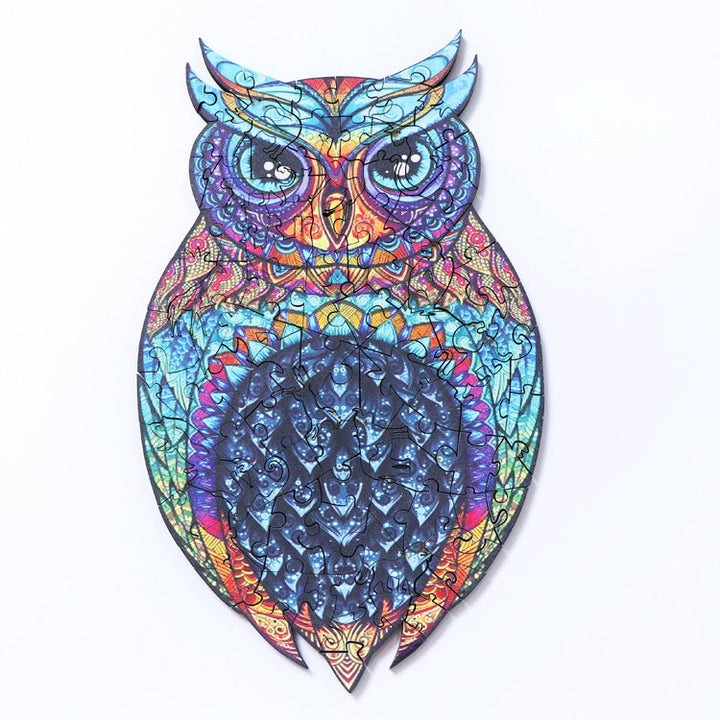 Colorful owl design on a white background.