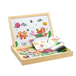 Wooden magnetic whiteboard with drawings and magnets on a white background.