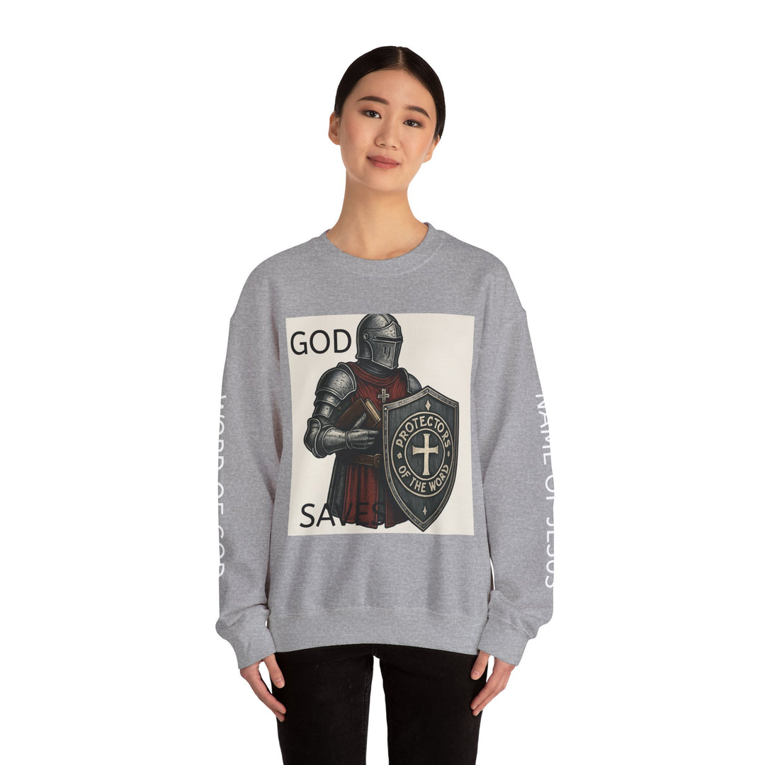 Knight Shield Crewneck Sweatshirt — "Protectors of the Word" Christian Armor Design
