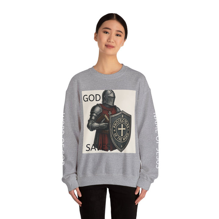 Knight Shield Crewneck Sweatshirt — "Protectors of the Word" Christian Armor Design