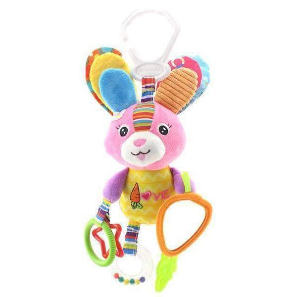 Colorful baby toy with a rabbit design on a white background.