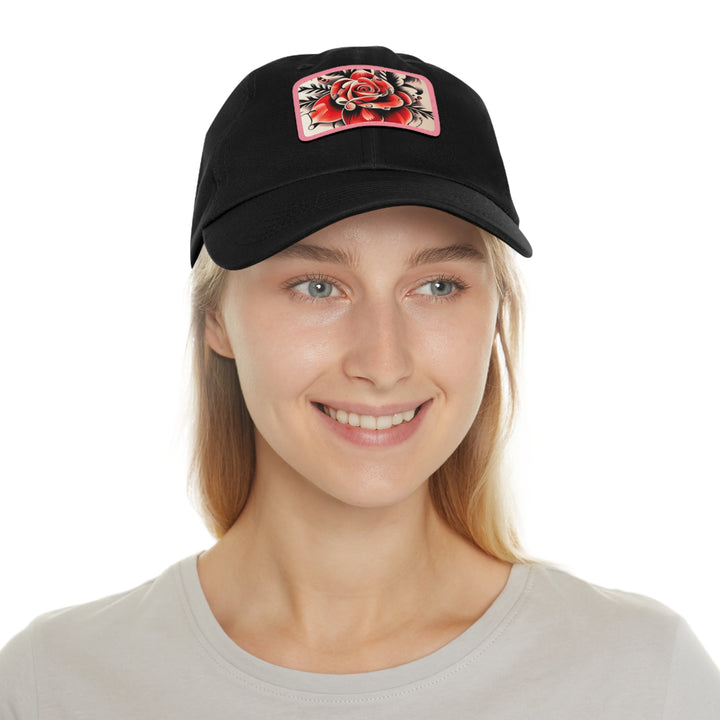 Rose Tattoo Style Dad Hat with Leather Patch (Rectangle)