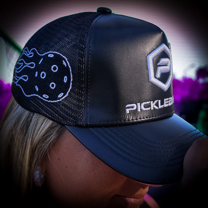 Leather Logo Trucker Hat Image.
