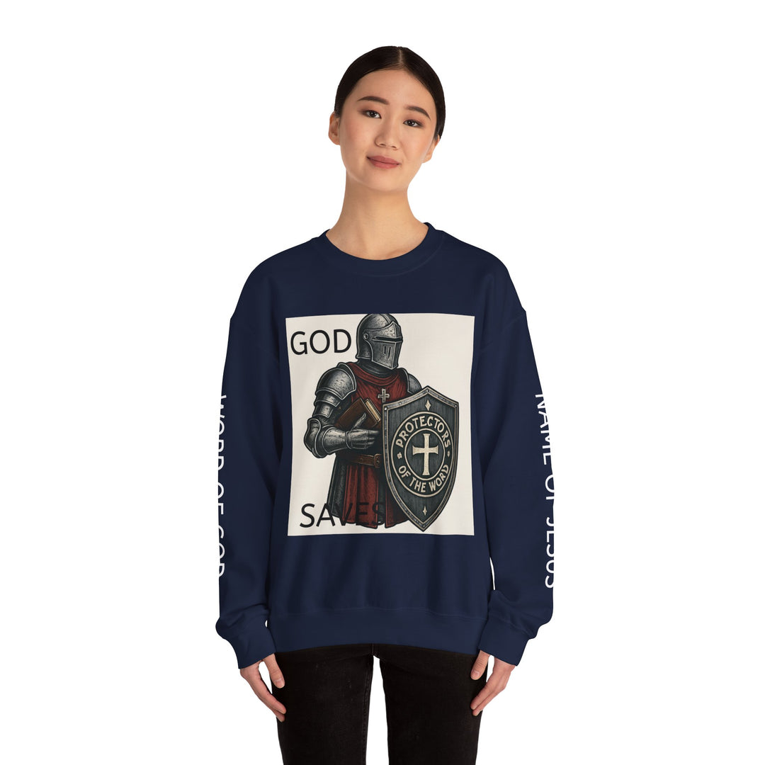 Knight Shield Crewneck Sweatshirt — "Protectors of the Word" Christian Armor Design