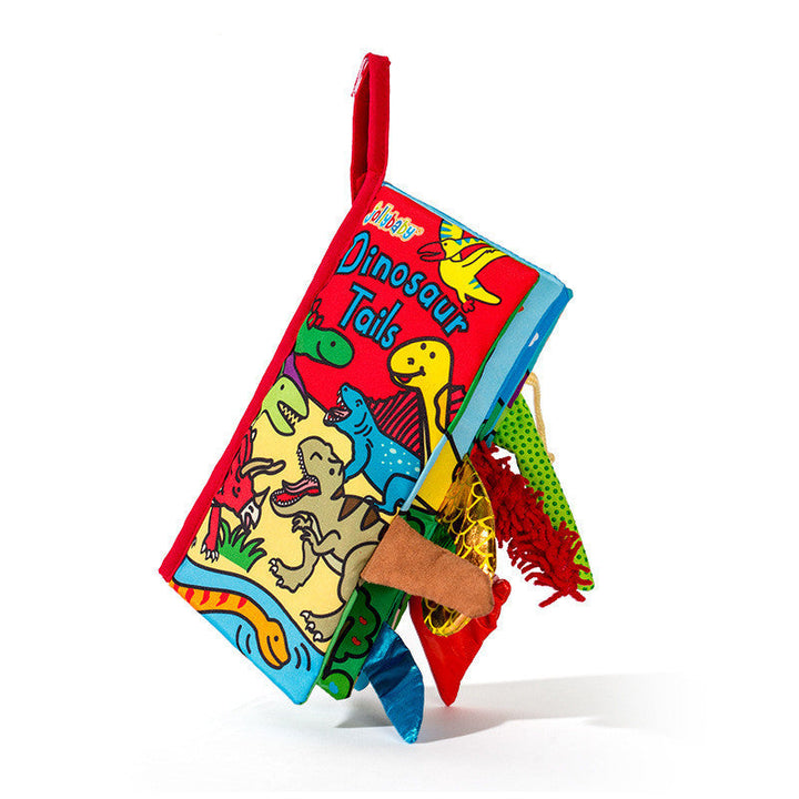 Colorful children's book with dinosaur illustrations on a white background.