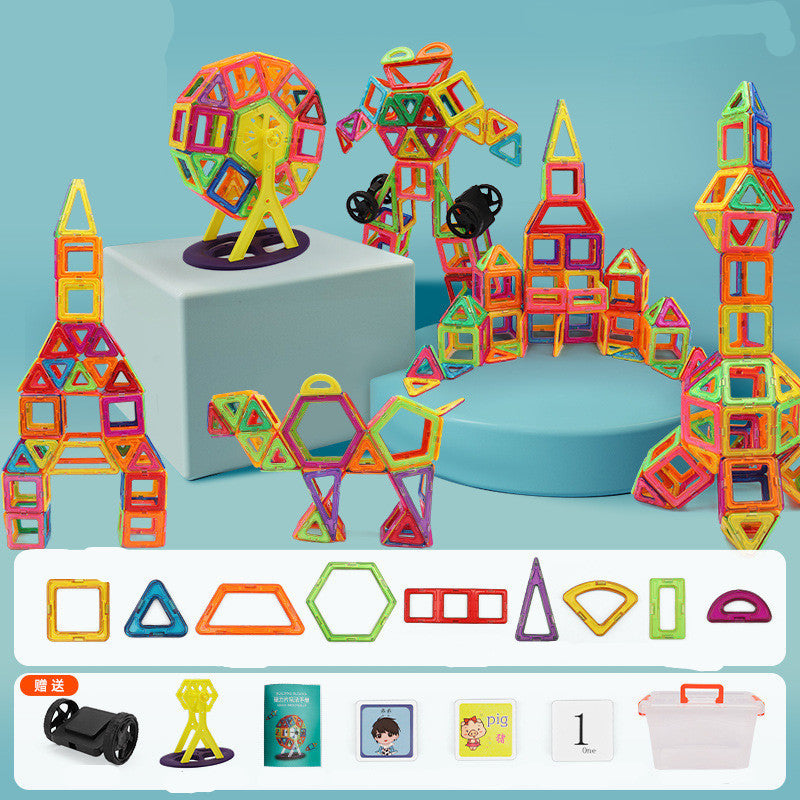 Colorful magnetic building blocks set on a blue background with shapes and storage box displayed.