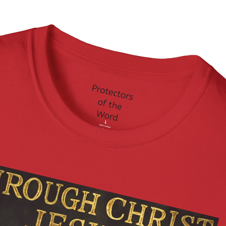 Christian Knight T-Shirt — "Through Christ Jesus" Front and "I Am Saved" Back