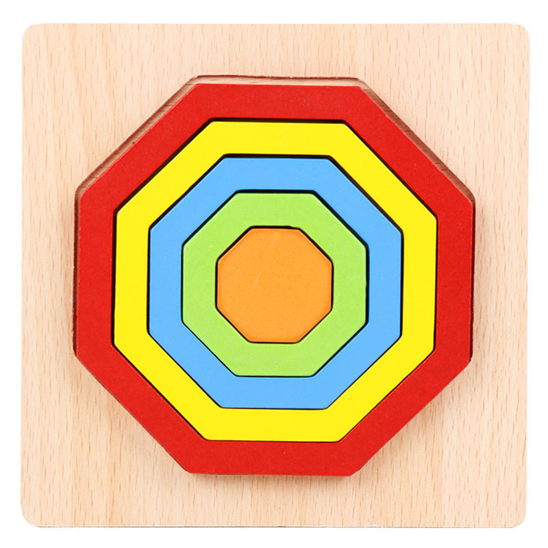 Colorful geometric puzzle on a wooden base.
