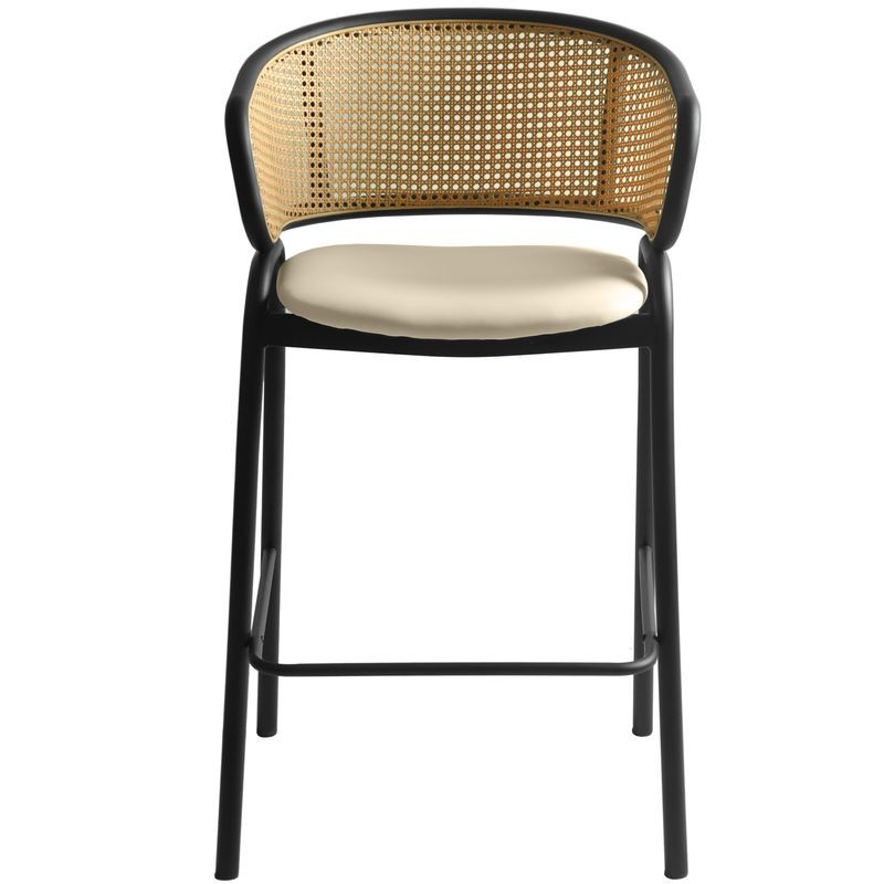 LeisureMod Ervilla Wicker Bar Stool with Fabric Seat and Black Steel Frame in Beige Leather Front View.