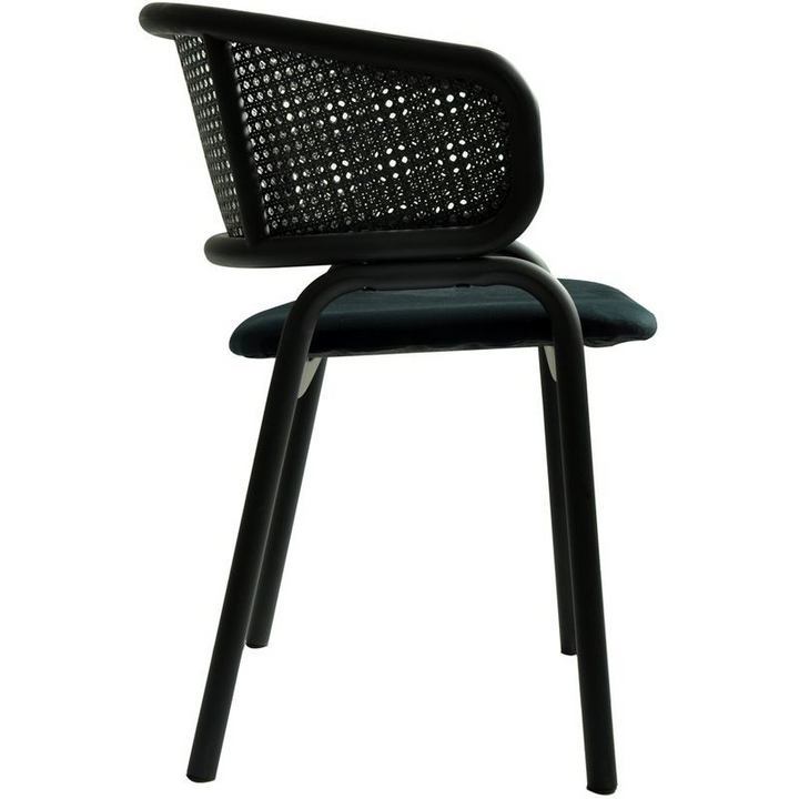LeisureMod Ervilla Dining Armchair in Black Steel Frame with Black Wicker Back and Black Seat Side View.