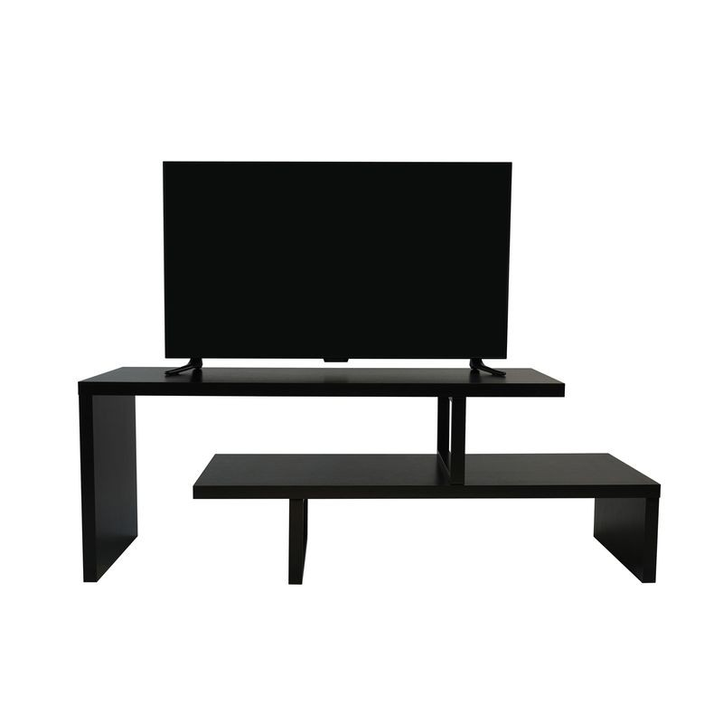 LeisureMod Orford Mid-Century Modern TV Stand with MDF Shelves and Powder Coated Iron Legs in Ebony Front View.