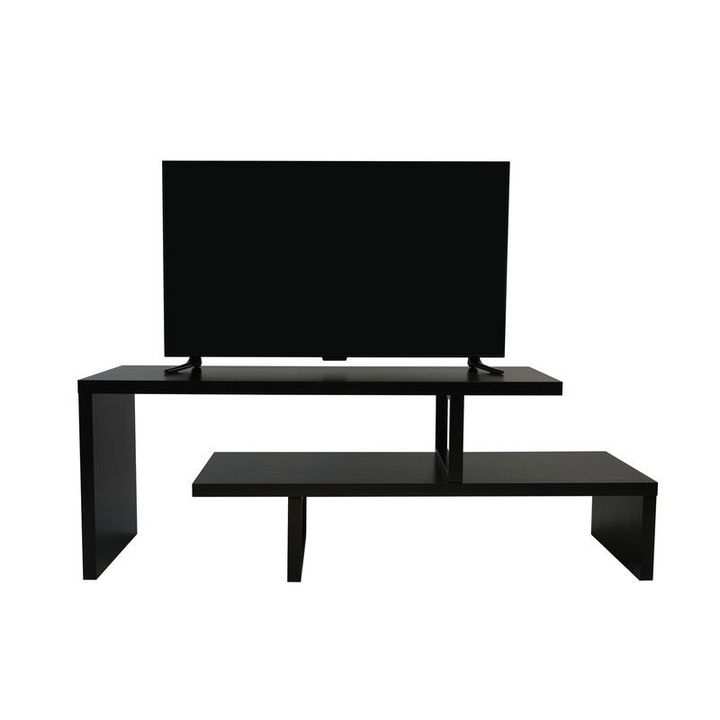 LeisureMod Orford Mid-Century Modern TV Stand with MDF Shelves and Powder Coated Iron Legs in Ebony Front View.