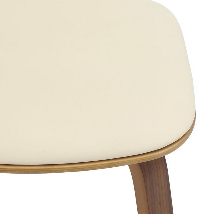 LeisureMod 5-Piece Dining Set with Round Wooden Table in Natural Wood and 4 Leather Dining Chairs in Walnut/Cream Seat Closeup.