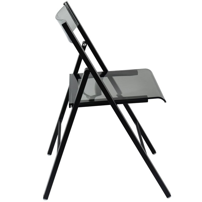 LeisureMod Menno Modern Acrylic Folding Chair Black Frame with Transparent Black Seat Side View.