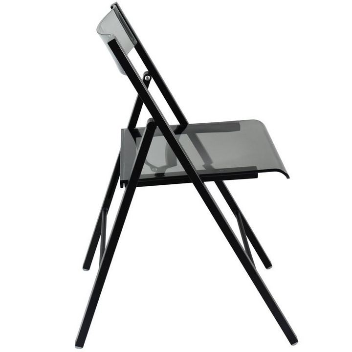 LeisureMod Menno Modern Acrylic Folding Chair Black Frame with Transparent Black Seat Side View.