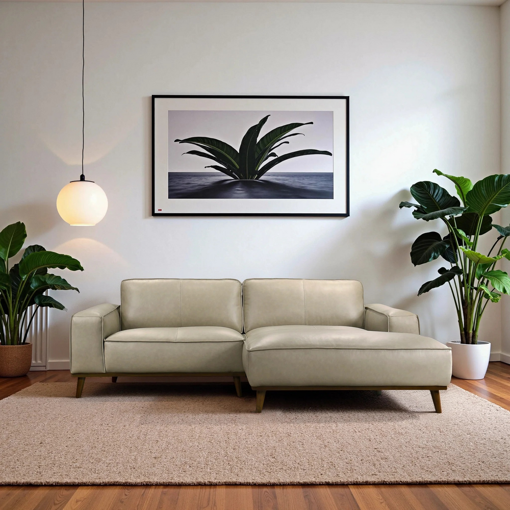 Kerrville Beige Leather Right Sectional Sofa in Room.