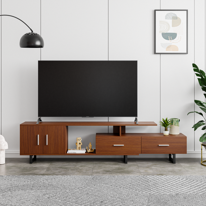 LeisureMod Avery Mid-Century Modern TV Stand with MDF Cabinet and Powder Coated Steel Legs Walnut