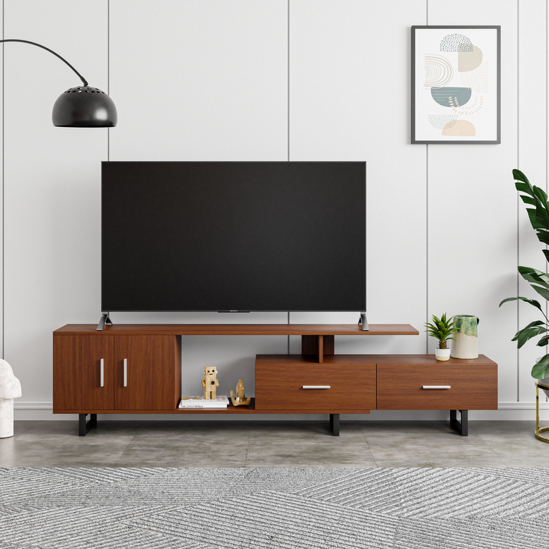 LeisureMod Avery Mid-Century Modern TV Stand with MDF Cabinet and Powder Coated Steel Legs Walnut