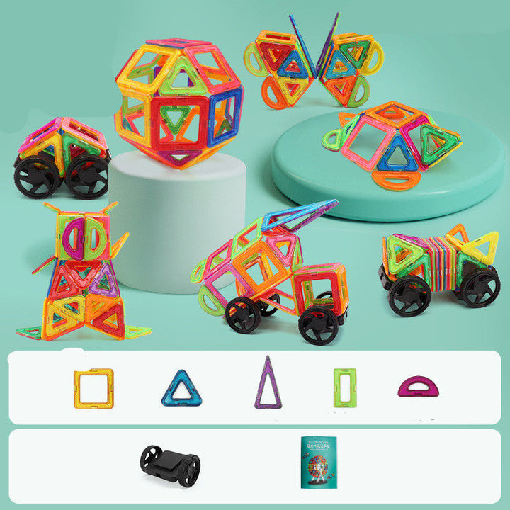 Colorful magnetic building toys on a light green background with geometric shape icons below.