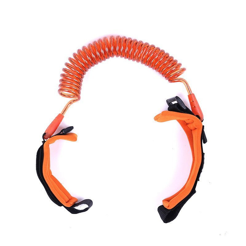 Orange leash with black clips on a white background.