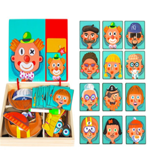 Colorful wooden puzzle with cartoon character faces and accessories in a box.