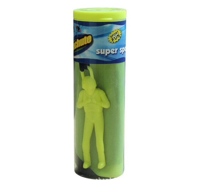 Green super parachute toy in packaging on a white background.