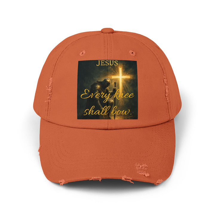 Jesus Cross Distressed Cap — "Every Knee Shall Bow" Christian Hat