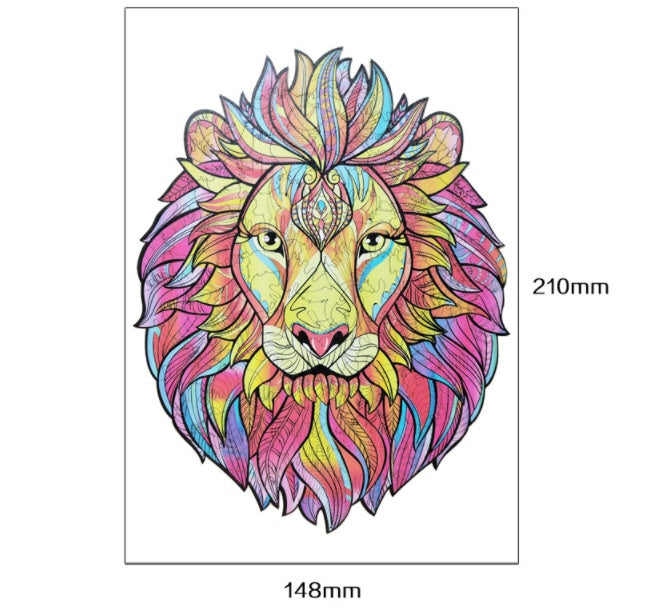 Colorful lion head design with dimensions on a white background.