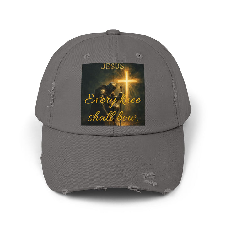 Jesus Cross Distressed Cap — "Every Knee Shall Bow" Christian Hat