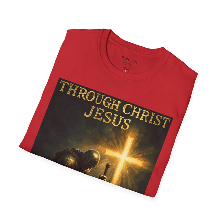 Christian Knight T-Shirt — "Through Christ Jesus" Front and "I Am Saved" Back