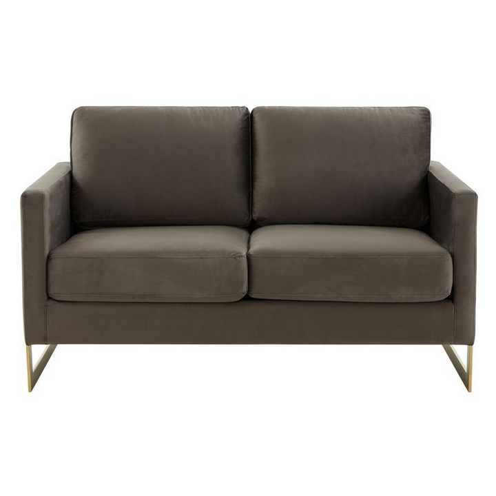 LeisureMod Lincoln Modern Mid-Century Upholstered Velvet Loveseat with Gold Frame Dark Grey Front Photo.