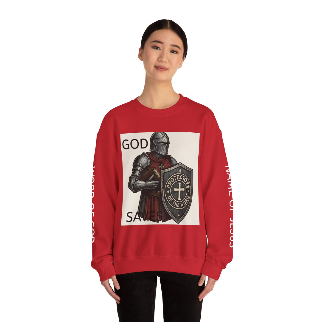 Knight Shield Crewneck Sweatshirt — "Protectors of the Word" Christian Armor Design