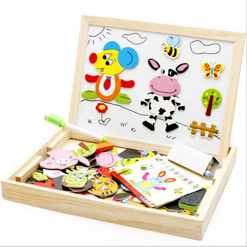 Wooden magnetic puzzle with colorful animal figures and a whiteboard in a wooden box.