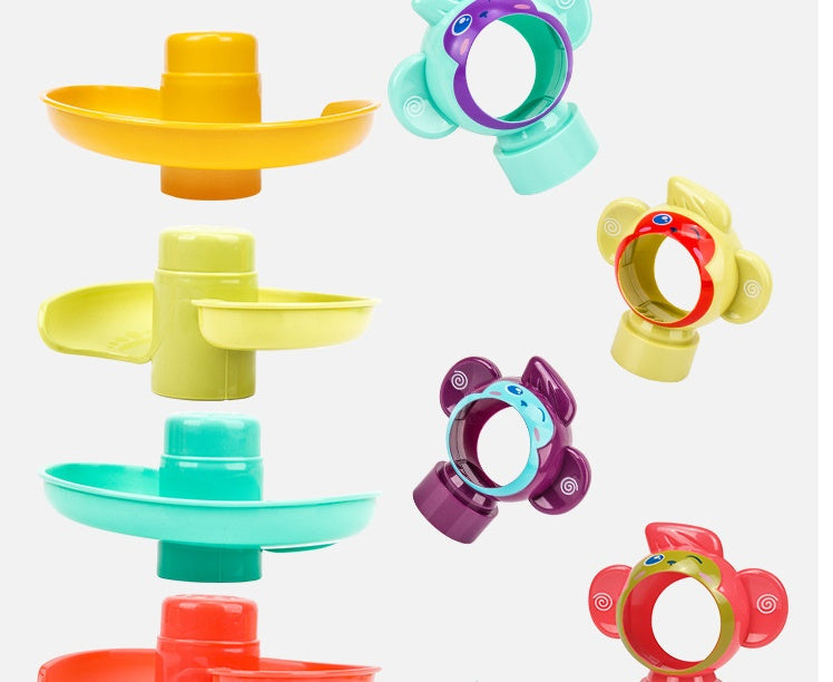 Colorful plastic toys on a white background.