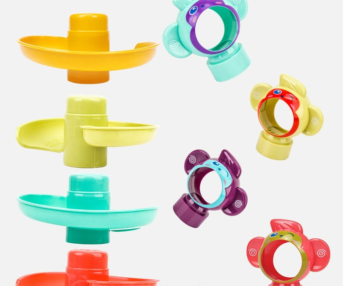 Colorful plastic toys on a white background.