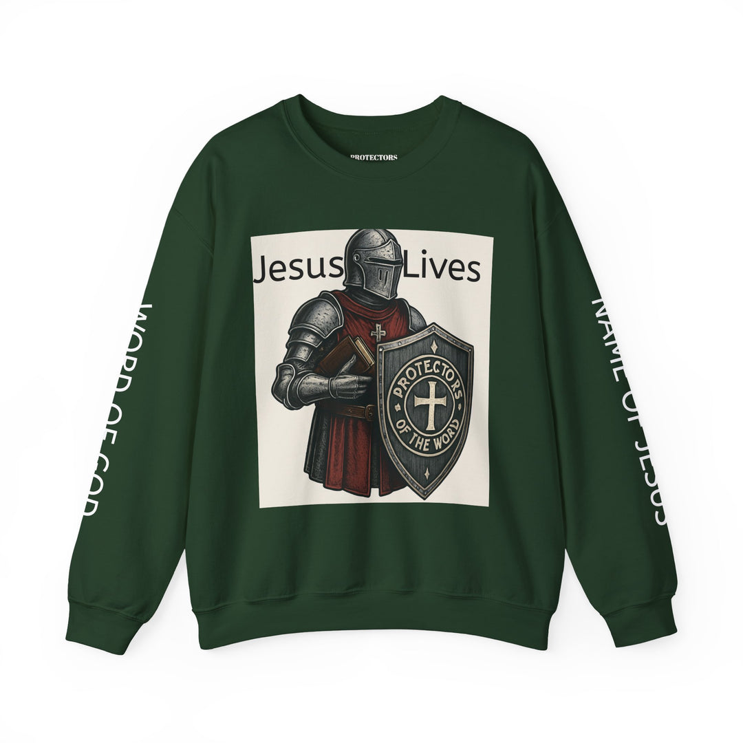Knight Shield Crewneck Sweatshirt — "Protectors of the Word Jesus Lives"