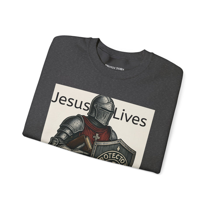 Knight Shield Crewneck Sweatshirt — "Protectors of the Word Jesus Lives"