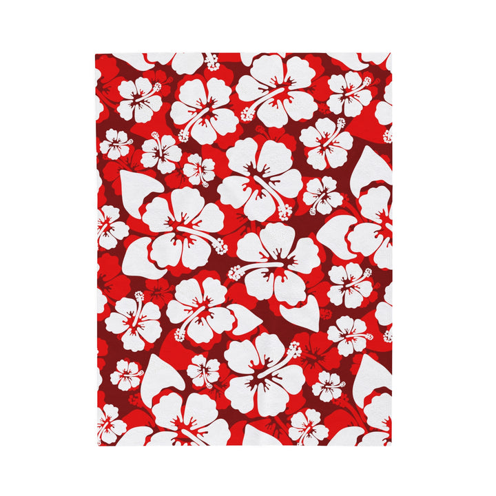 Red and White Hibiscus Velveteen Plush Blanket