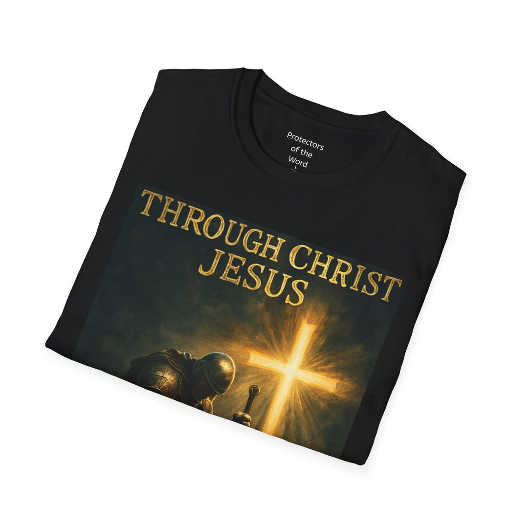 Christian Knight T-Shirt — "Through Christ Jesus" Front and "I Am Saved" Back