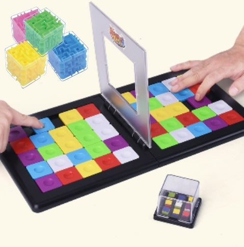 Colorful puzzle game with transparent cover and small box on a white background.